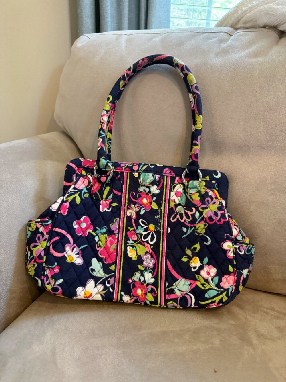 Vera Bradley purse in Caroline Ribbons Navy Floral Pattern
